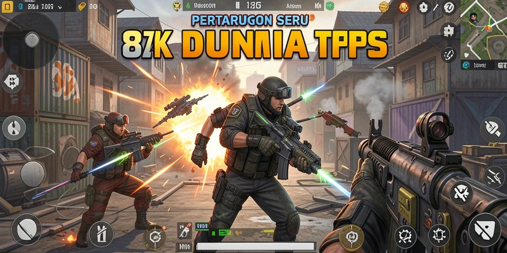 Screenshot menunjukkan karakter dalam aksi pertempuran TPS yang intens.