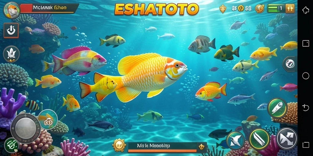 Tampilan gameplay seru ESHATOTO dengan aksi menembak ikan.