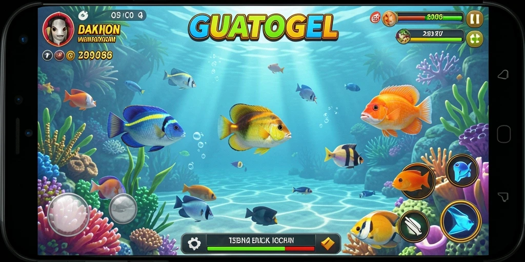 Screenshot GUATOGEL menampilkan pemain yang sedang menangkap ikan dengan grafik yang memukau.