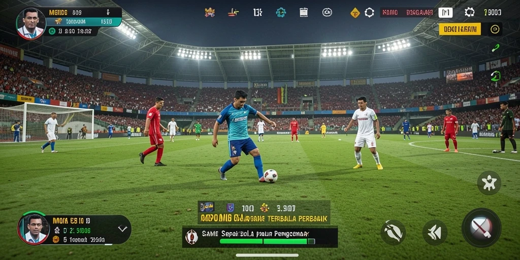 Tampilan gameplay MPOID dengan aksi sepak bola yang seru.