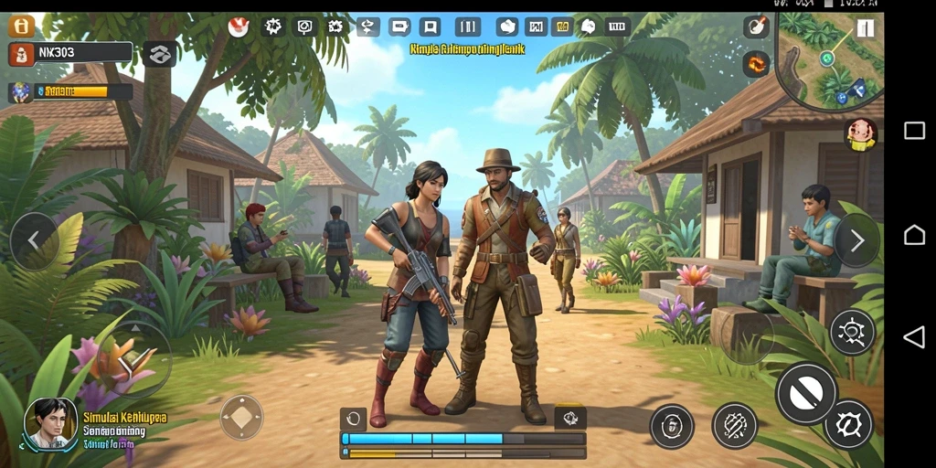 Screenshot utama NX303 menunjukkan karakter dalam dunia simulasi yang interaktif.